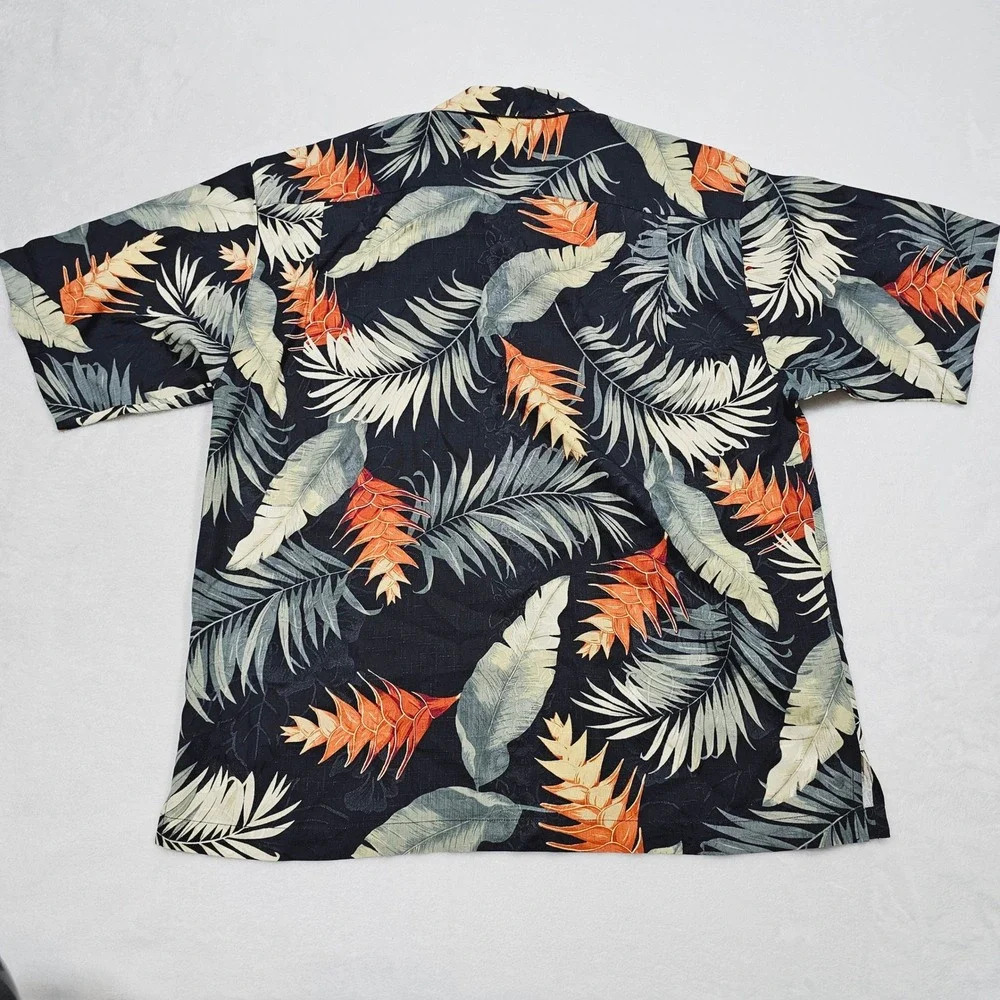 Tommy Bahama Button Up Mens L Black Orange Silk Tropical Palm Leaf Hawaiian